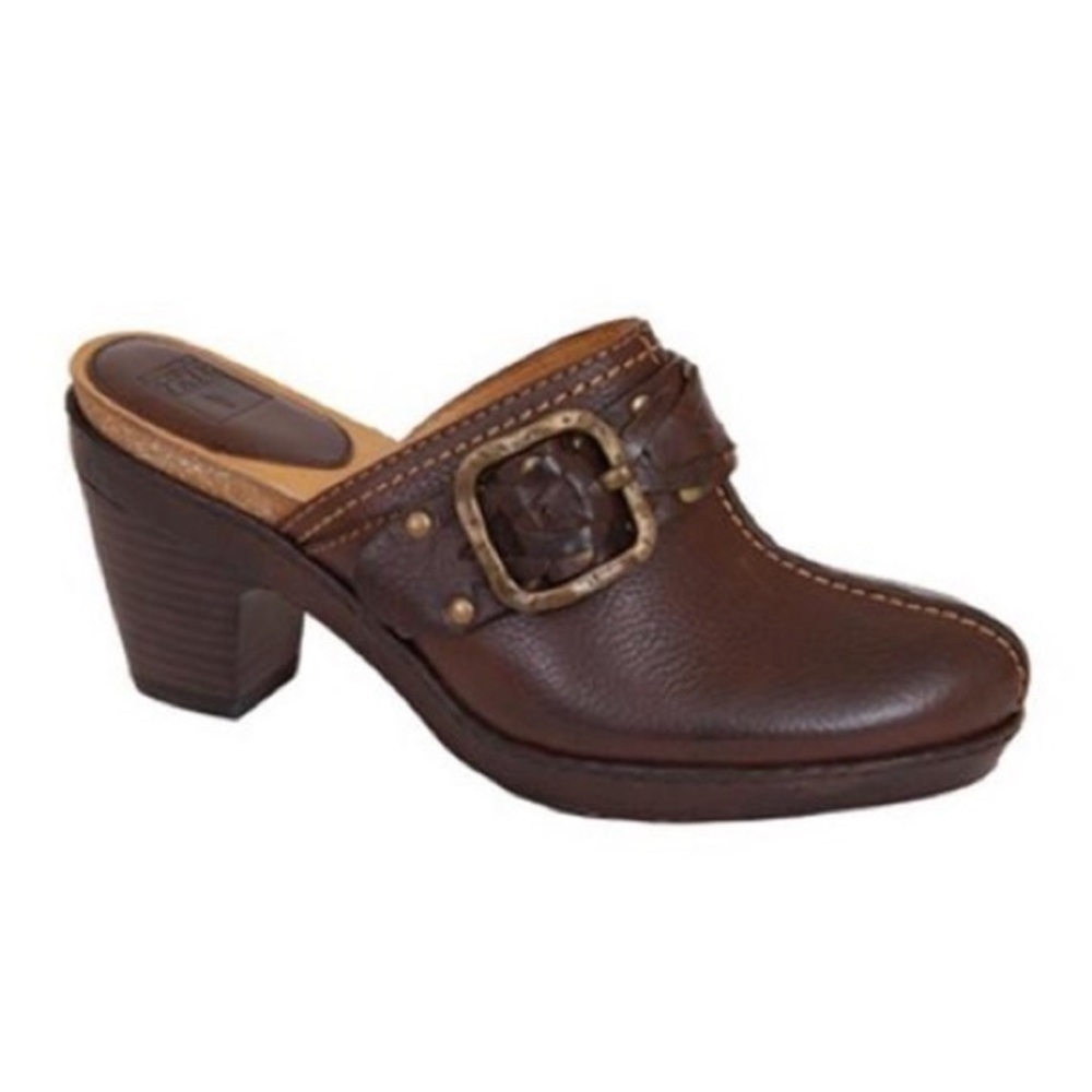 Frye Candice woven clog brown leather buckle size 9